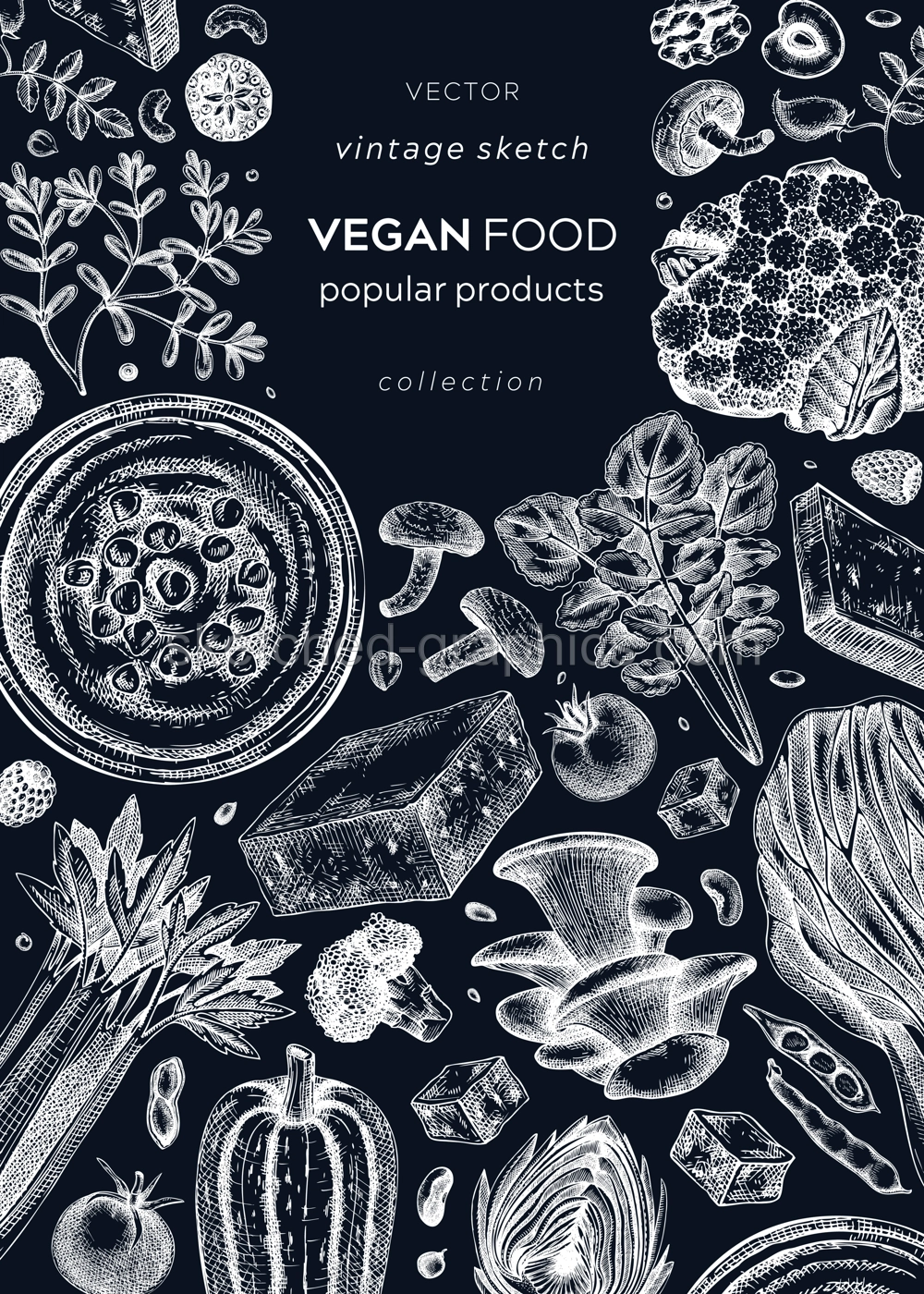 Vegan food sketched banner on chalkboard. Healthy food banner template. Middle eastern cuisine cover. Hand-drawn vegan meals and ingredients for menu, recipe, and packaging design. Vegan food sketches Illustration
